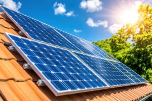 solar panels on a terra cotta roof on a sunny day