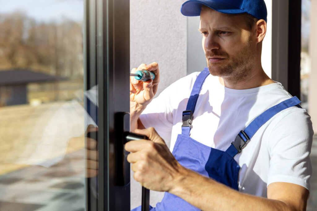 Sliding patio door contractor installing a sliding glass door