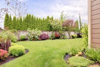 A landscaped yard with multiple gardens and trees.